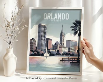Travel poster featuring Orlando, Florida with skyline and palm trees in a framed design.