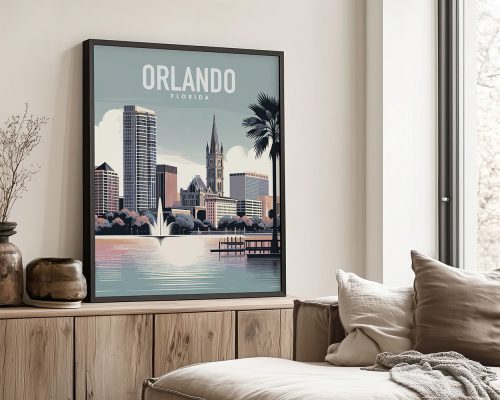 Travel poster featuring the skyline of Orlando, Florida with palm trees and a body of water.