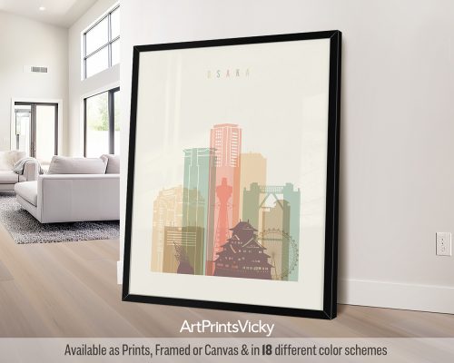 Minimalist Osaka skyline print featuring Osaka Castle, and other iconic landmarks in a warm and inviting Pastel Cream palette, by ArtPrintsVicky.