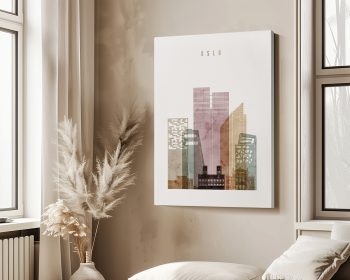 Art print featuring a stylized cityscape of Oslo with various building shapes and colors.