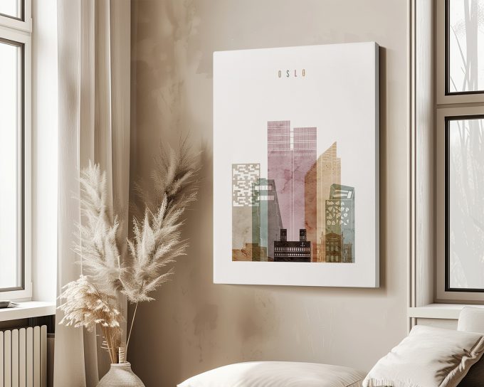 Art print featuring a stylized cityscape of Oslo with various building shapes and colors.