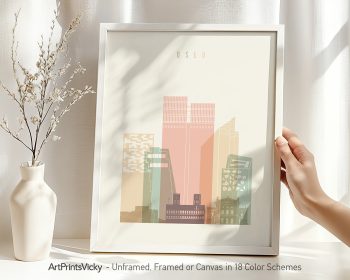 Art print featuring a stylized cityscape of Oslo with various building shapes and colors.
