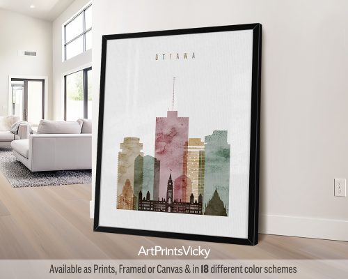 Ottawa city skyline print featuring the iconic landmarks, and vibrant cityscape in a rich and textured warm Watercolor 1 style, by ArtPrintsVicky.