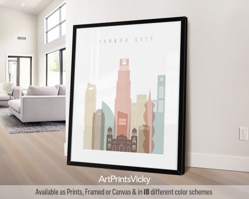 Panama City art print featuring the Panama Canal, vibrant cityscape, n a soft and dreamy Pastel White palette, by ArtPrintsVicky.