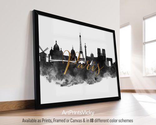 Black and white watercolor landscape art print featuring a panoramic view of the Parisian skyline with iconic landmarks, including the Eiffel Tower and the Seine River. The city's name, 