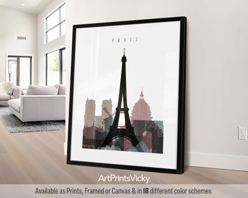 Paris city print featuring the Eiffel Tower, the Arc de Triomphe, iconic landmarks, and elegant architecture in a textured and vintage Distressed 1 style. by ArtPrintsVicky.