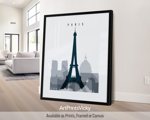Paris city skyline poster with iconic landmarks in a grey blue color palette by ArtPrintsVicky