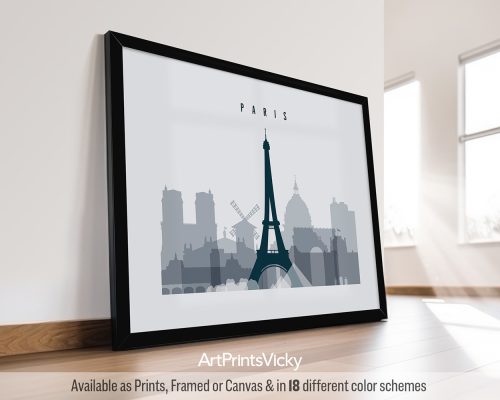 Panoramic Paris city skyline poster in grey blue landscape orientation by ArtPrintsVicky