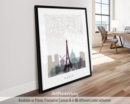 Paris map & skyline poster featuring the Eiffel Tower, Louvre, a street layout, all rendered in a soft, cool Pastel 2 palette, by ArtPrintsVicky.