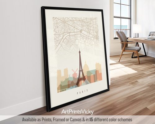 Paris minimalist map and skyline poster featuring the Eiffel Tower, the Arc de Triomphe, iconic landmarks, and street layout, all rendered in a warm, vintage-inspired Pastel Cream palette. by ArtPrintsVicky.