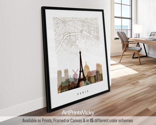 Paris minimalist map and skyline poster featuring the Eiffel Tower, the Louvre Museum, iconic landmarks, street layout, all rendered in a warm and expressive Watercolor 1 style. by ArtPrintsVicky.
