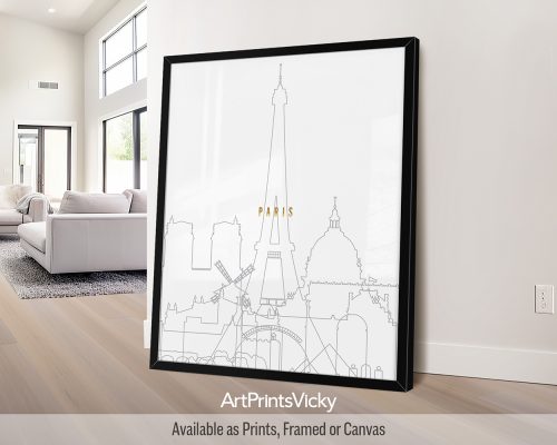 Minimalist Paris skyline print featuring the Eiffel Tower, the Arc de Triomphe, and iconic landmarks outlined in grey with a faux gold title, by ArtPrintsVicky.