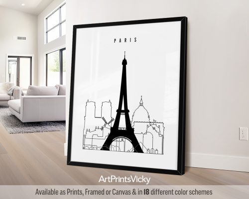 Black outline minimalist Paris skyline print by ArtPrintsVicky