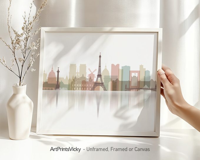 Art print of a Paris cityscape featuring the Eiffel Tower and various landmarks in soft colors.