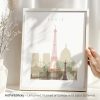 Art print featuring a stylized depiction of Paris with the Eiffel Tower and other landmarks.