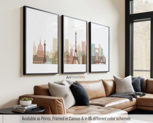 Paris skyline triptych featuring the Eiffel Tower, the Louvre Museum, iconic landmarks, and the vibrant cityscape in a soft and ethereal Pastel White color scheme, divided into three contemporary posters. by ArtPrintsVicky.