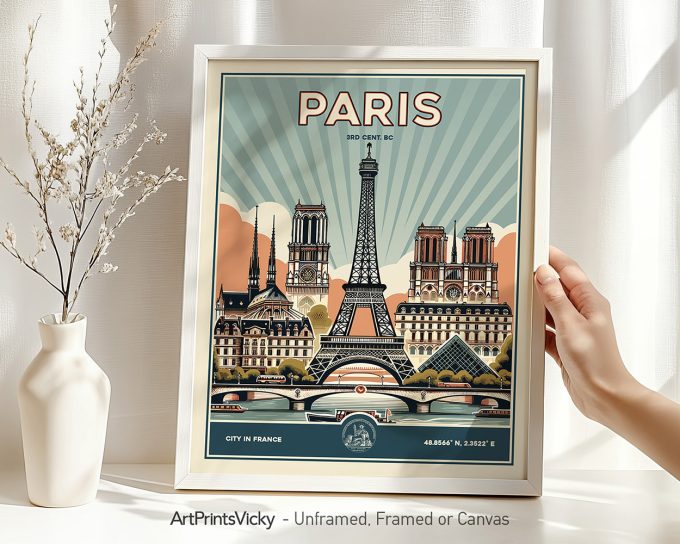 Retro art print featuring the Eiffel Tower and Parisian landmarks with a sunburst background.