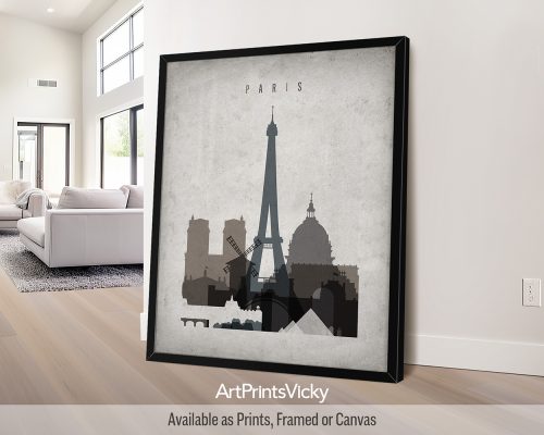 Paris minimalist city print featuring the Eiffel Tower and iconic landmarks in a warm, earthy palette on a retro-style textured background. by ArtPrintsVicky.