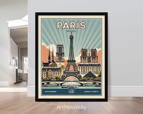 Vintage Paris art print with Eiffel Tower and retro buildings