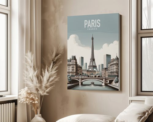 Art print depicting the Eiffel Tower and Paris skyline with a bridge and buildings.