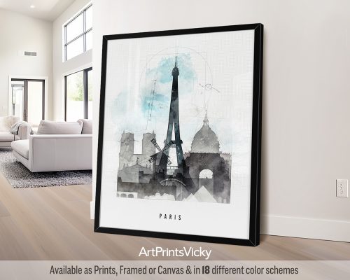 Paris skyline poster featuring the Eiffel Tower, iconic landmarks, in a stylized and sophisticated Urban 1 theme. by ArtPrintsVicky.