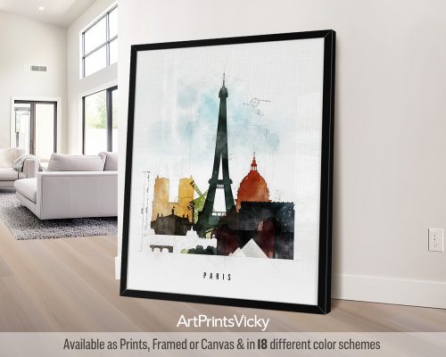 Paris skyline featuring the Eiffel Tower, the Arc de Triomphe, and other landmarks in a bold, geometric Urban 2 style with vibrant colors, by ArtPrintsVicky.