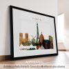 Art print featuring a stylized cityscape of Paris with landmarks like the Eiffel Tower and a windmill.