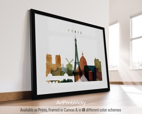 Paris skyline with the Eiffel Tower, Notre Dame, and other landmarks in a vibrant Watercolor 3 style. Landscape format by ArtPrintsVicky.