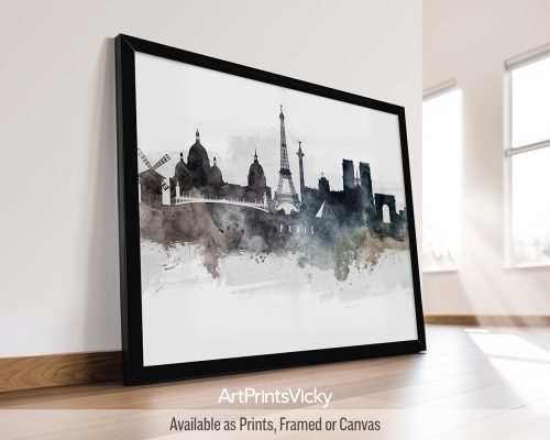 Watercolor wall art poster of the Paris skyline, featuring iconic landmarks by ArtPrintsVicky.