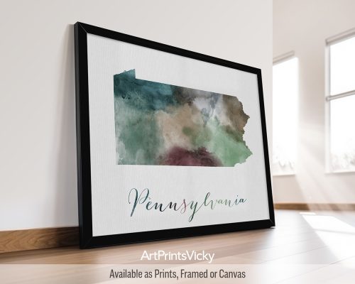 Earthy watercolor print of the Pennsylvania state map, with "Pennsylvania" written below in handwritten script, on a textured background. Perfect for lovers of the Keystone State, Amish Country, and American history by ArtPrintsVicky.