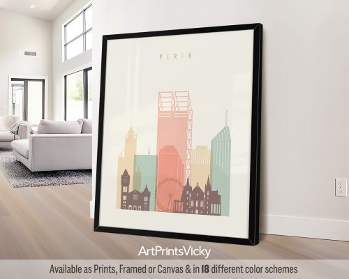 Perth minimalist city print in warm pastel cream theme, modern city print by ArtPrintsVicky