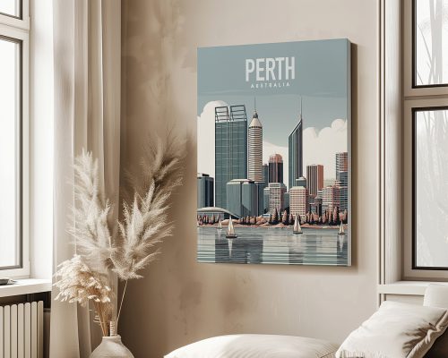 Art print of Perth, Australia featuring city skyline and sailboats on water.