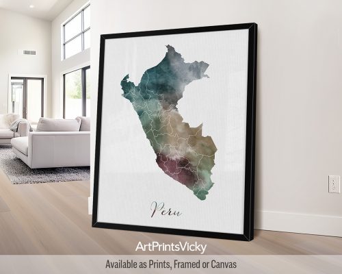 Earthy watercolor painting of the Peru map, with "Peru" written below in handwritten script, on a textured background. Perfect for lovers of South America and ancient civilizations by ArtPrintsVicky.