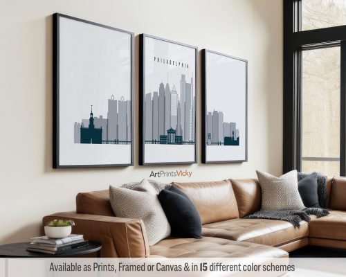 Philadelphia skyline triptych featuring City Hall, Ben Franklin Bridge, iconic landmarks, and vibrant cityscape in a cool Grey Blue color scheme, divided into three contemporary prints. by ArtPrintsVicky.