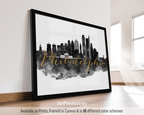 Black and white Philadelphia city print with faux gold "Philadelphia" title by ArtPrintsVicky