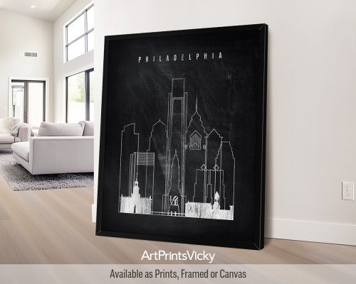 Philadelphia city skyline print featuring white chalk outlines on a textured black background by ArtPrintsVicky.