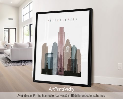 Philadelphia city print featuring Independence Hall, the Liberty Bell, iconic landmarks, and vibrant cityscape in a textured Distressed 1 style. by ArtPrintsVicky.