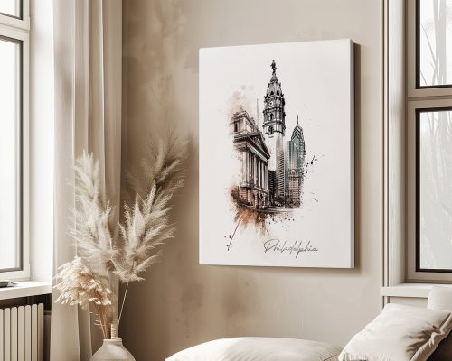 Art print featuring a stylized illustration of Philadelphia's skyline and architecture.