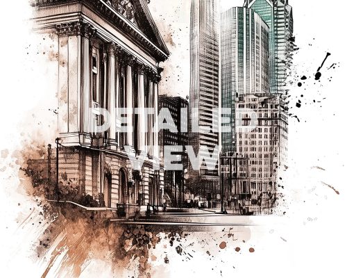 Artistic drawing of a Philadelphia cityscape with detailed view text overlay.