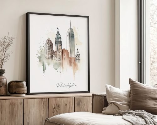 Artistic illustration of Philadelphia skyline with notable buildings and a watercolor effect.