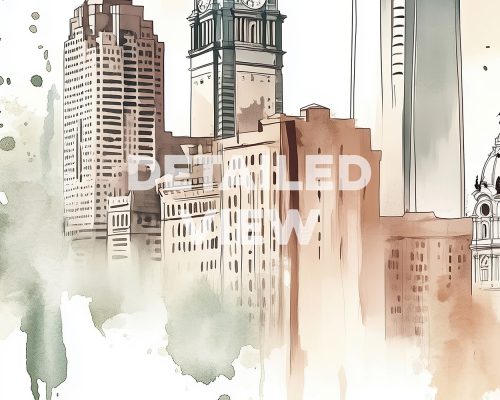 Illustration of Philadelphia skyline featuring prominent buildings and a clock tower.