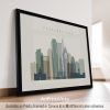 Framed artwork depicting a cityscape of Philadelphia with various building silhouettes.