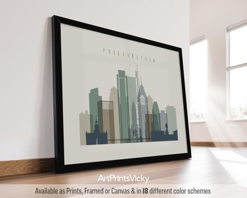 Philadelphia landscape city print featuring City Hall, iconic landmarks, and vibrant cityscape in a warm and earthy "Earth Tones 1" palette, by ArtPrintsVicky.