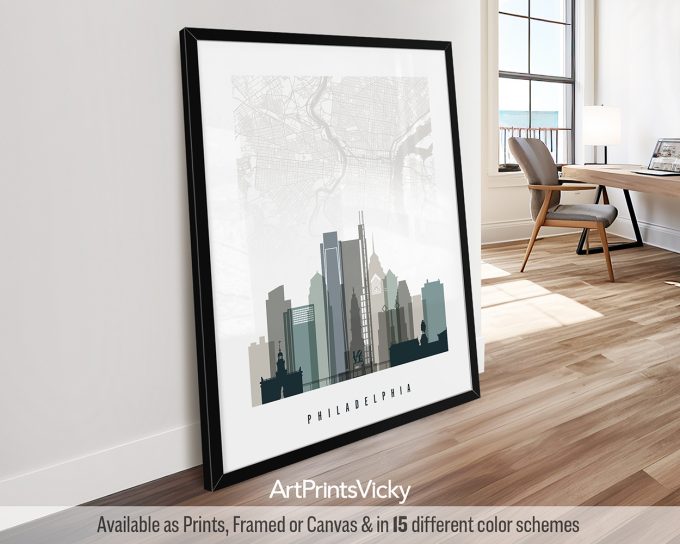 Framed print of the Philadelphia city skyline with a minimalist design.