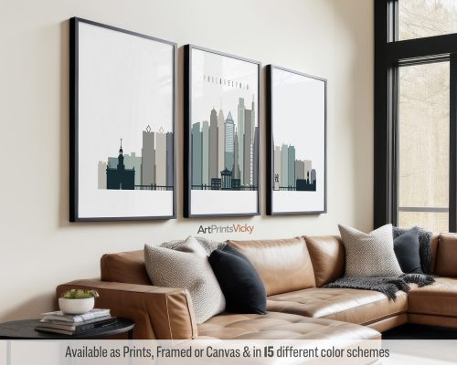 Philadelphia skyline triptych featuring City Hall, the Ben Franklin Bridge, iconic landmarks, and vibrant cityscape in a cool, natural "Earth Tones 4" palette, divided into three minimalist prints. by ArtPrintsVicky.