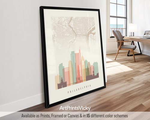 Philadelphia minimalist map and skyline poster featuring Independence Hall, the Liberty Bell, iconic landmarks, and street layout, all rendered in a warm, vintage-inspired Pastel Cream palette. by ArtPrintsVicky.