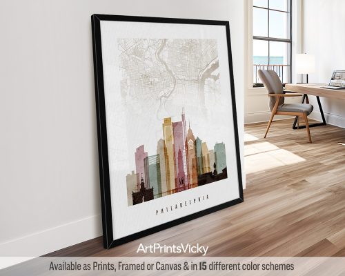 Philadelphia minimalist map and skyline poster featuring Independence Hall, the Liberty Bell, iconic landmarks, and street layout, all rendered in a rich and expressive Watercolor 1 style. by ArtPrintsVicky.