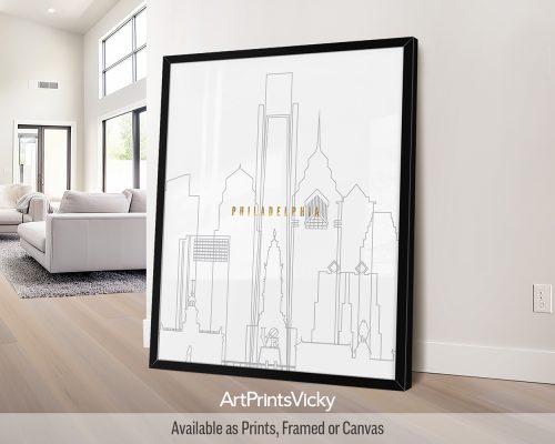 Philadelphia city print featuring dark gray line art skyline with faux gold title "Philadelphia" by ArtPrintsVicky.