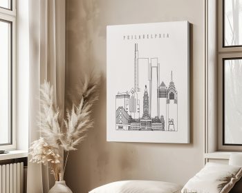 Outline illustration of Philadelphia's skyline featuring notable buildings in a minimalist style.