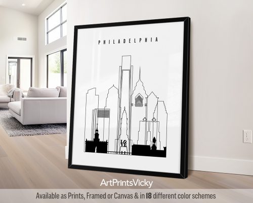 Black outline minimalist Philadelphia skyline poster by ArtPrintsVicky